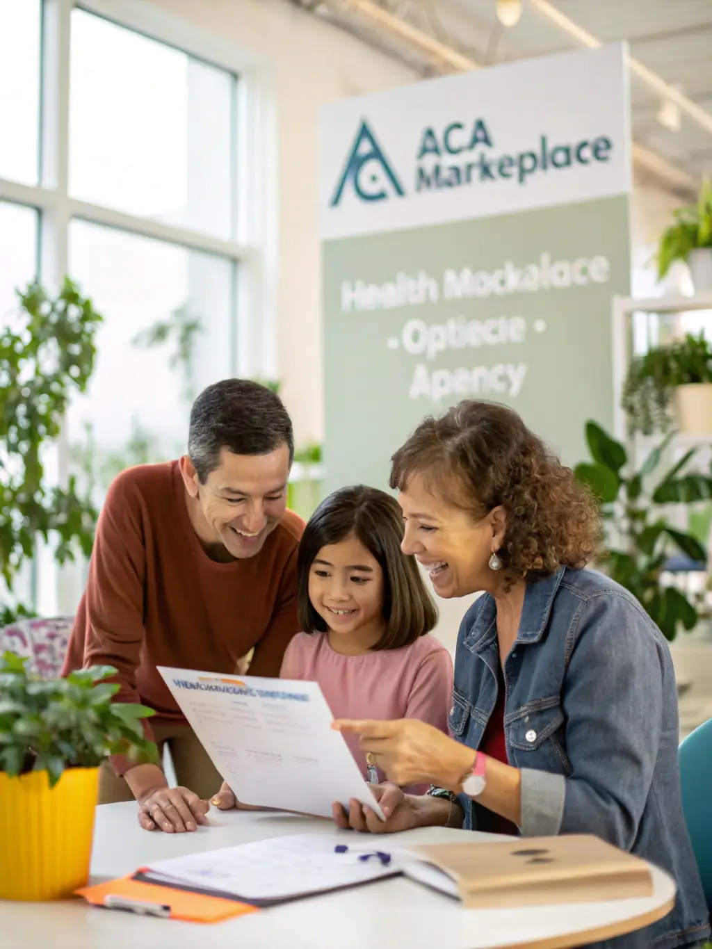 A friendly family confidently reviewing their ACA Marketplace plan options with a Health Link Agency agent in a sunlit office.