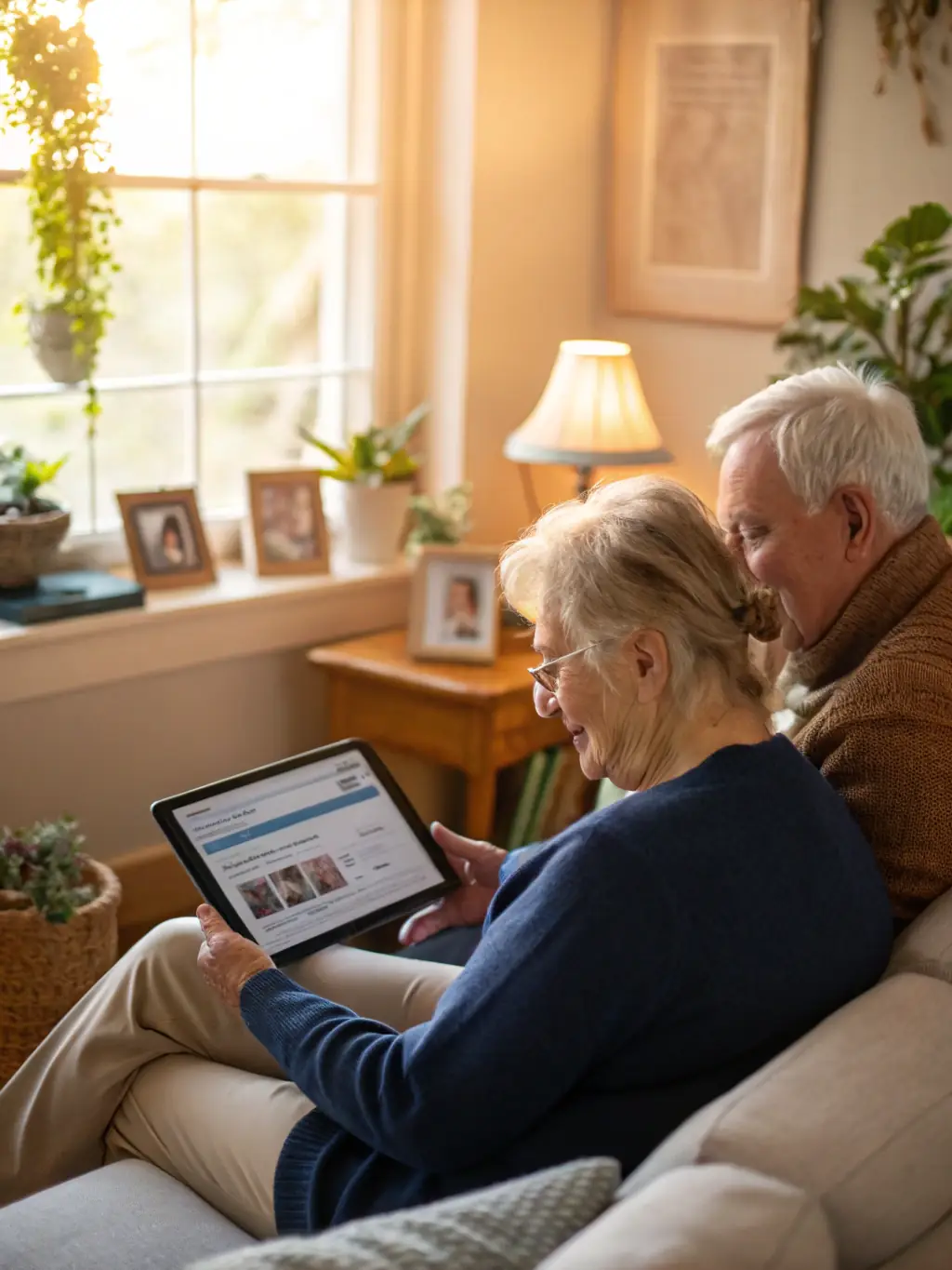 A senior couple smiling as they discuss their Medicare Advantage options with a Health Link Agency representative in their comfortable living room.