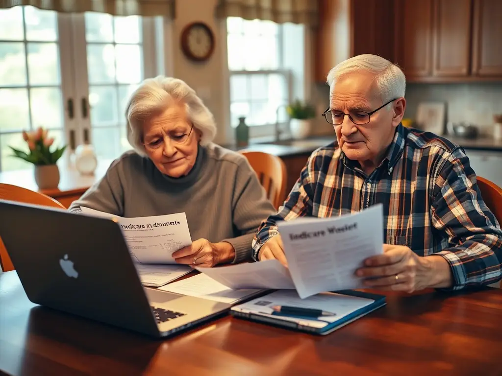 An elderly couple discussing Medicare options with an insurance agent, emphasizing the importance of understanding Medicare benefits and coverage.